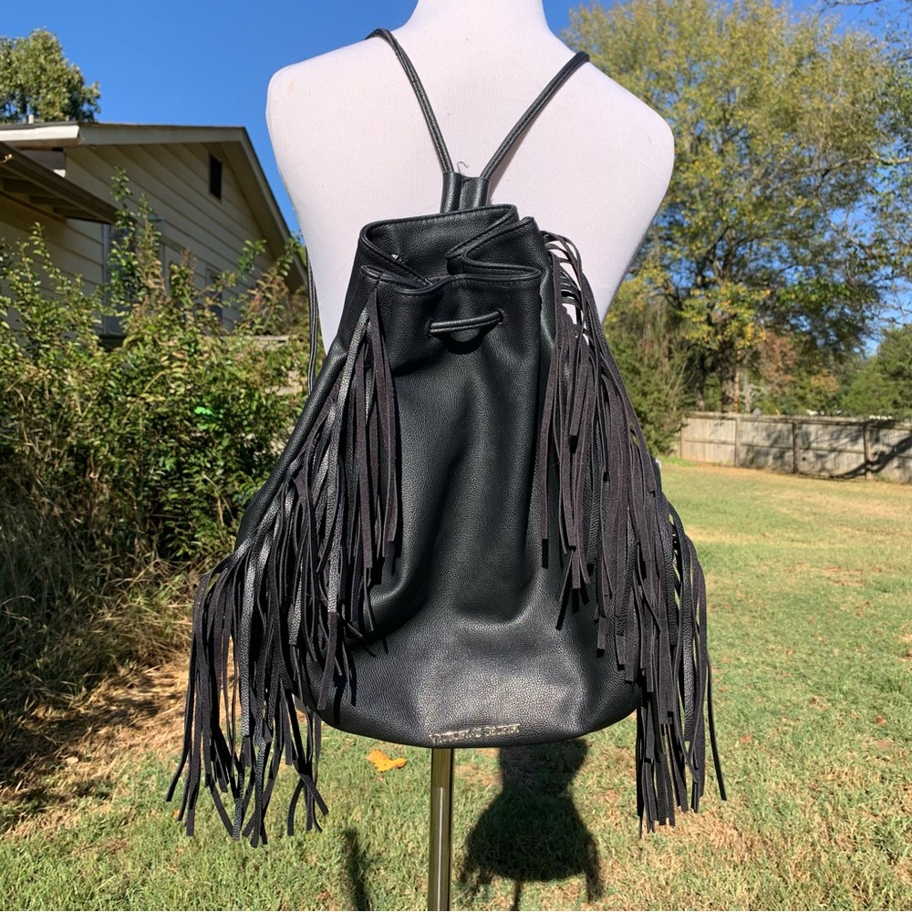Victoria’s Secret Black Faux Leather Fringe Bucket Bag Backpack Purse - Picture 4 of 12